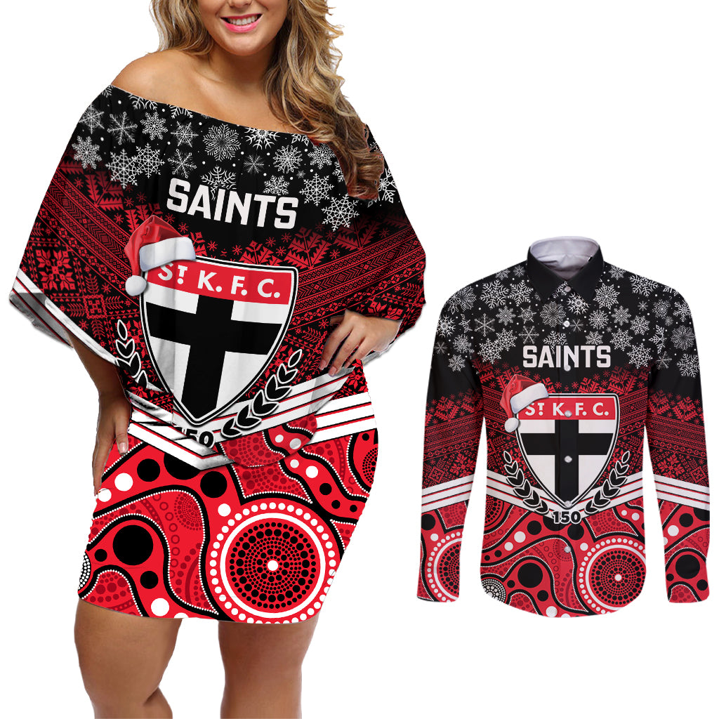 custom-st-kilda-football-christmas-couples-matching-off-shoulder-short-dress-and-long-sleeve-button-shirt-merry-xmas-2023-mix-aboriginal-art