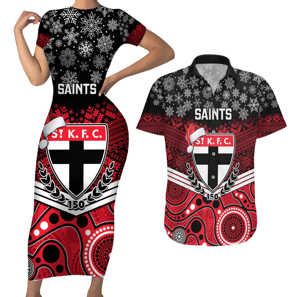 custom-st-kilda-football-christmas-couples-matching-short-sleeve-bodycon-dress-and-hawaiian-shirt-merry-xmas-2023-mix-aboriginal-art