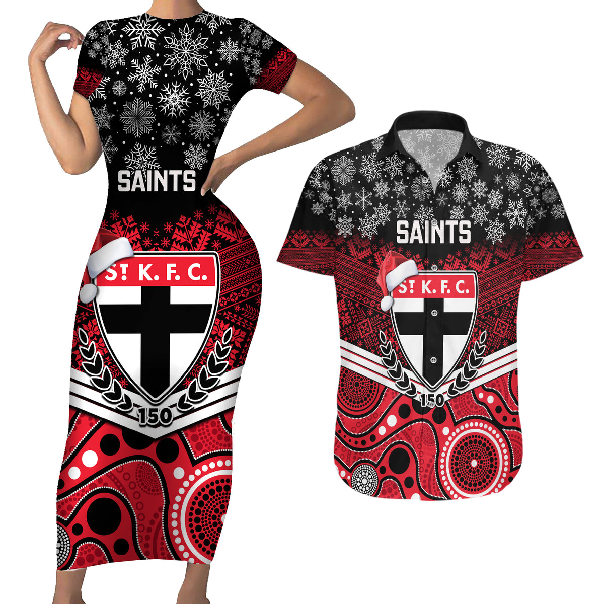 custom-st-kilda-football-christmas-couples-matching-short-sleeve-bodycon-dress-and-hawaiian-shirt-merry-xmas-2023-mix-aboriginal-art