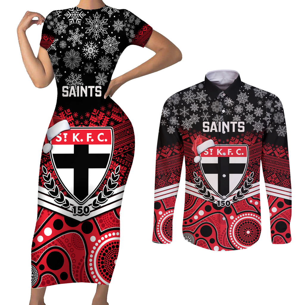 custom-st-kilda-football-christmas-couples-matching-short-sleeve-bodycon-dress-and-long-sleeve-button-shirt-merry-xmas-2023-mix-aboriginal-art