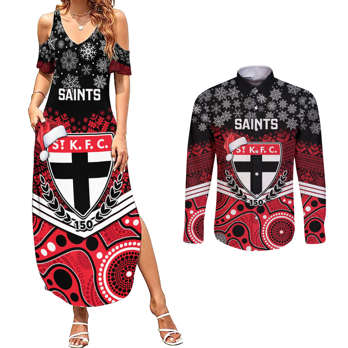 custom-st-kilda-football-christmas-couples-matching-summer-maxi-dress-and-long-sleeve-button-shirt-merry-xmas-2023-mix-aboriginal-art