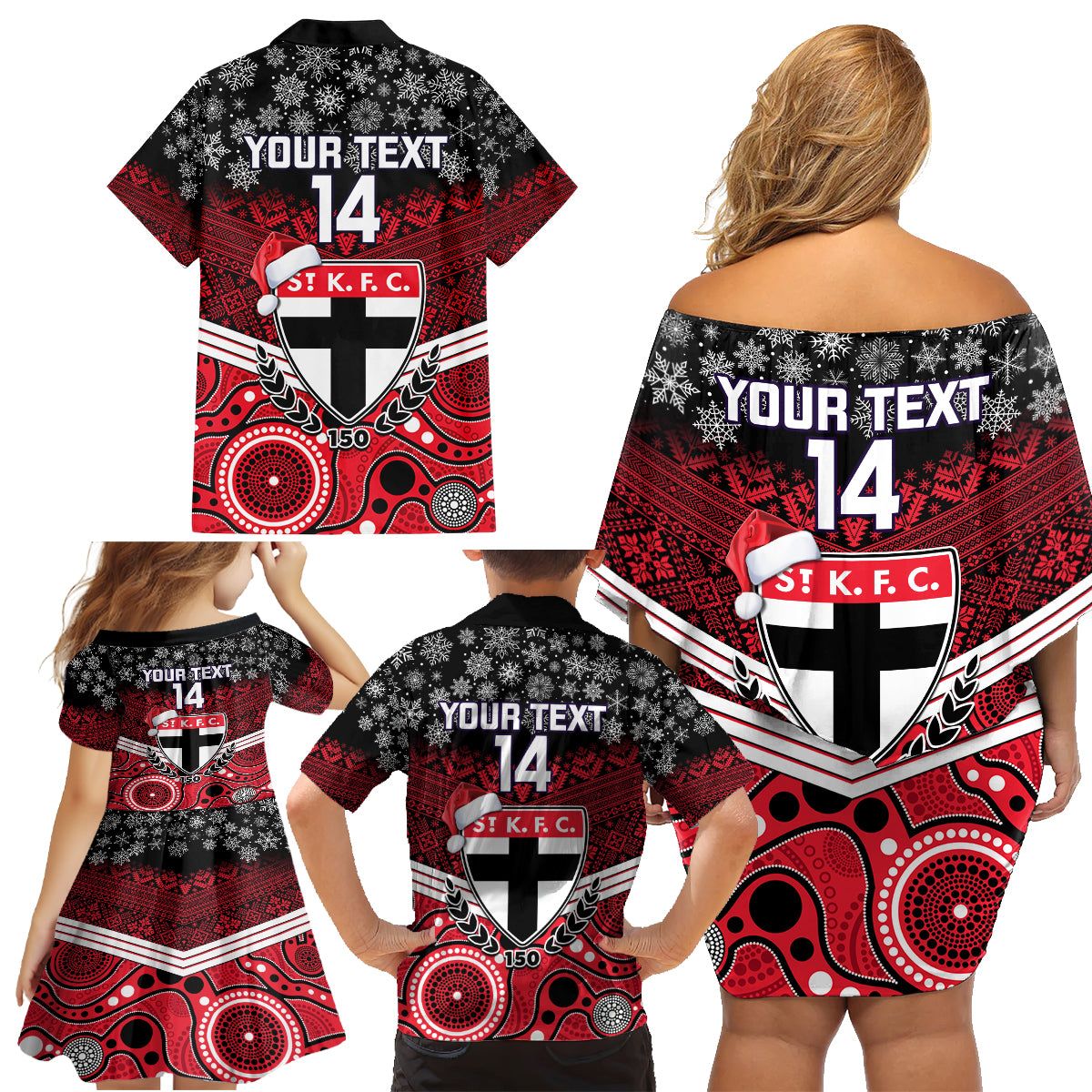 custom-st-kilda-football-christmas-family-matching-off-shoulder-short-dress-and-hawaiian-shirt-merry-xmas-2023-mix-aboriginal-art