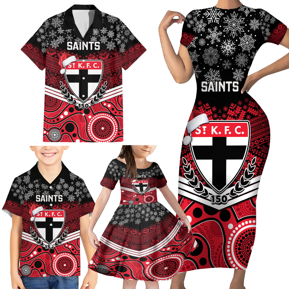 custom-st-kilda-football-christmas-family-matching-short-sleeve-bodycon-dress-and-hawaiian-shirt-merry-xmas-2023-mix-aboriginal-art