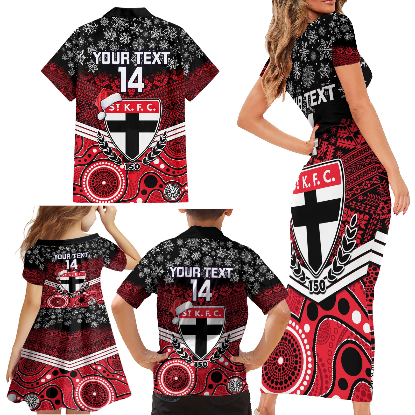 custom-st-kilda-football-christmas-family-matching-short-sleeve-bodycon-dress-and-hawaiian-shirt-merry-xmas-2023-mix-aboriginal-art