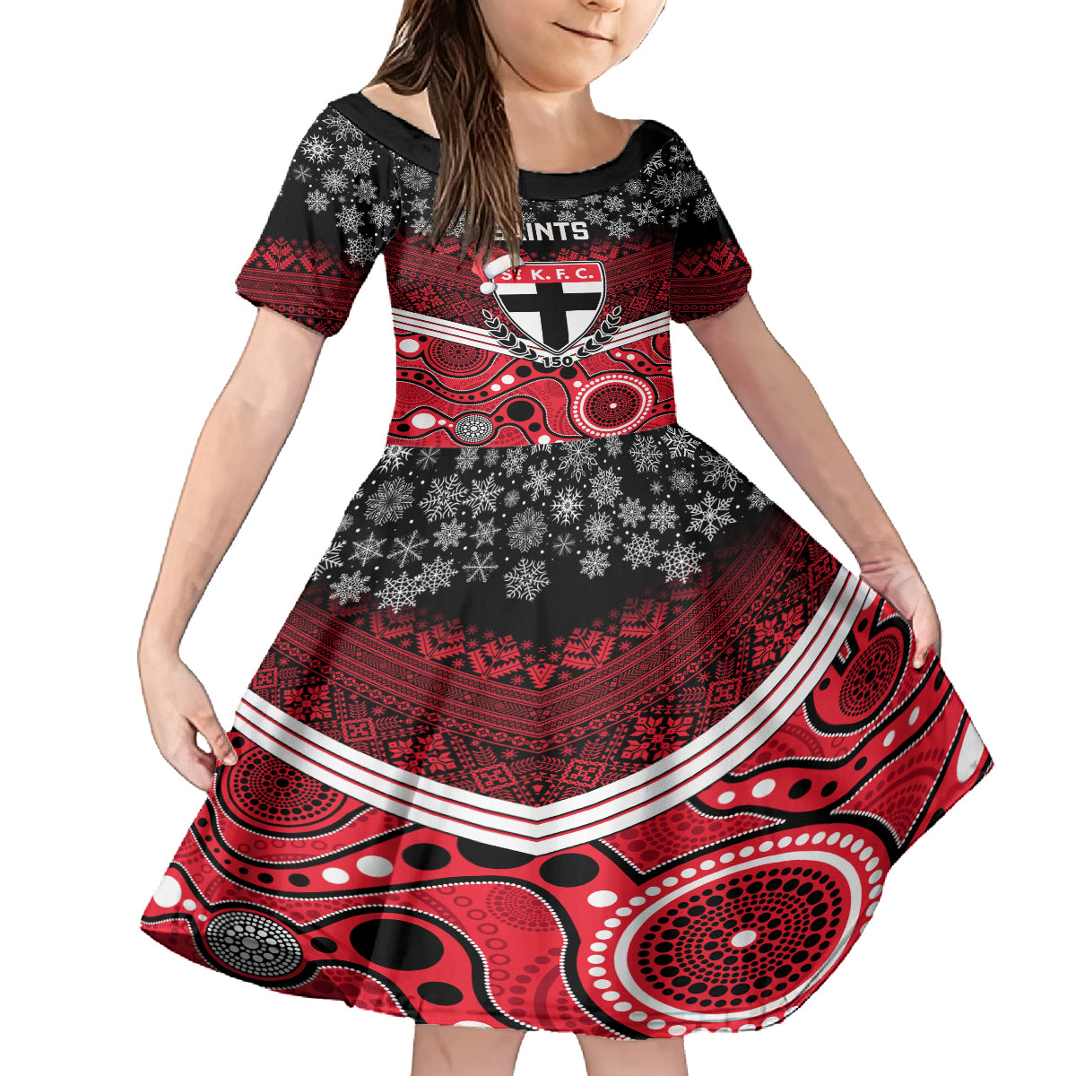 custom-st-kilda-football-christmas-kid-short-sleeve-dress-merry-xmas-2023-mix-aboriginal-art