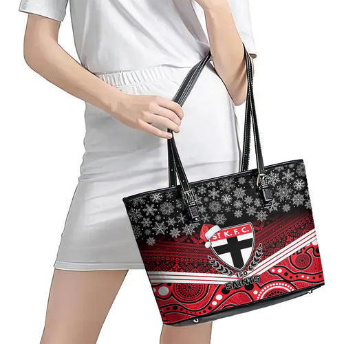custom-st-kilda-football-christmas-leather-tote-bag-merry-xmas-2023-mix-aboriginal-art