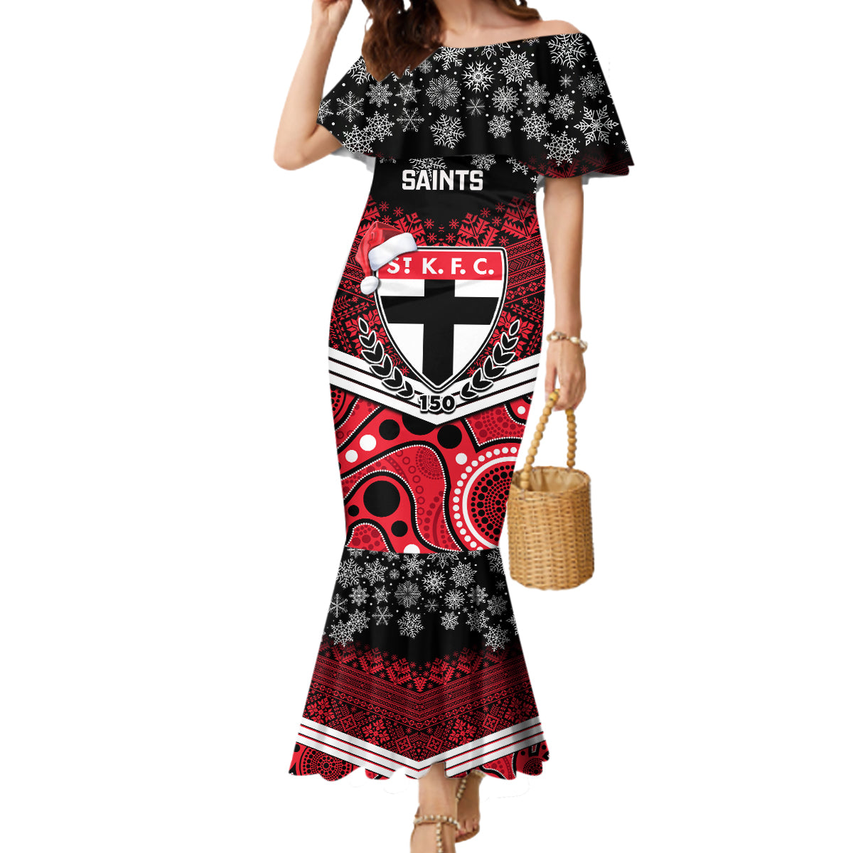 custom-st-kilda-football-christmas-mermaid-dress-merry-xmas-2023-mix-aboriginal-art