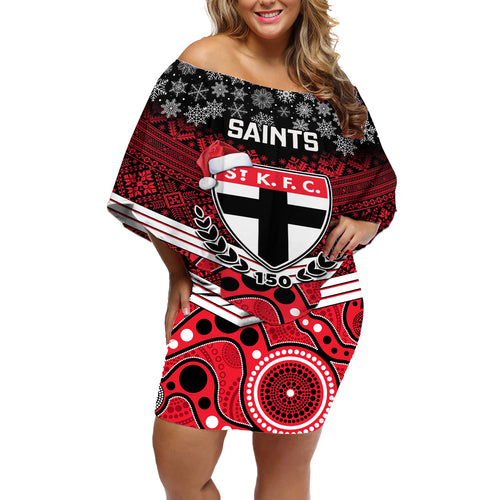custom-st-kilda-football-christmas-off-shoulder-short-dress-merry-xmas-2023-mix-aboriginal-art