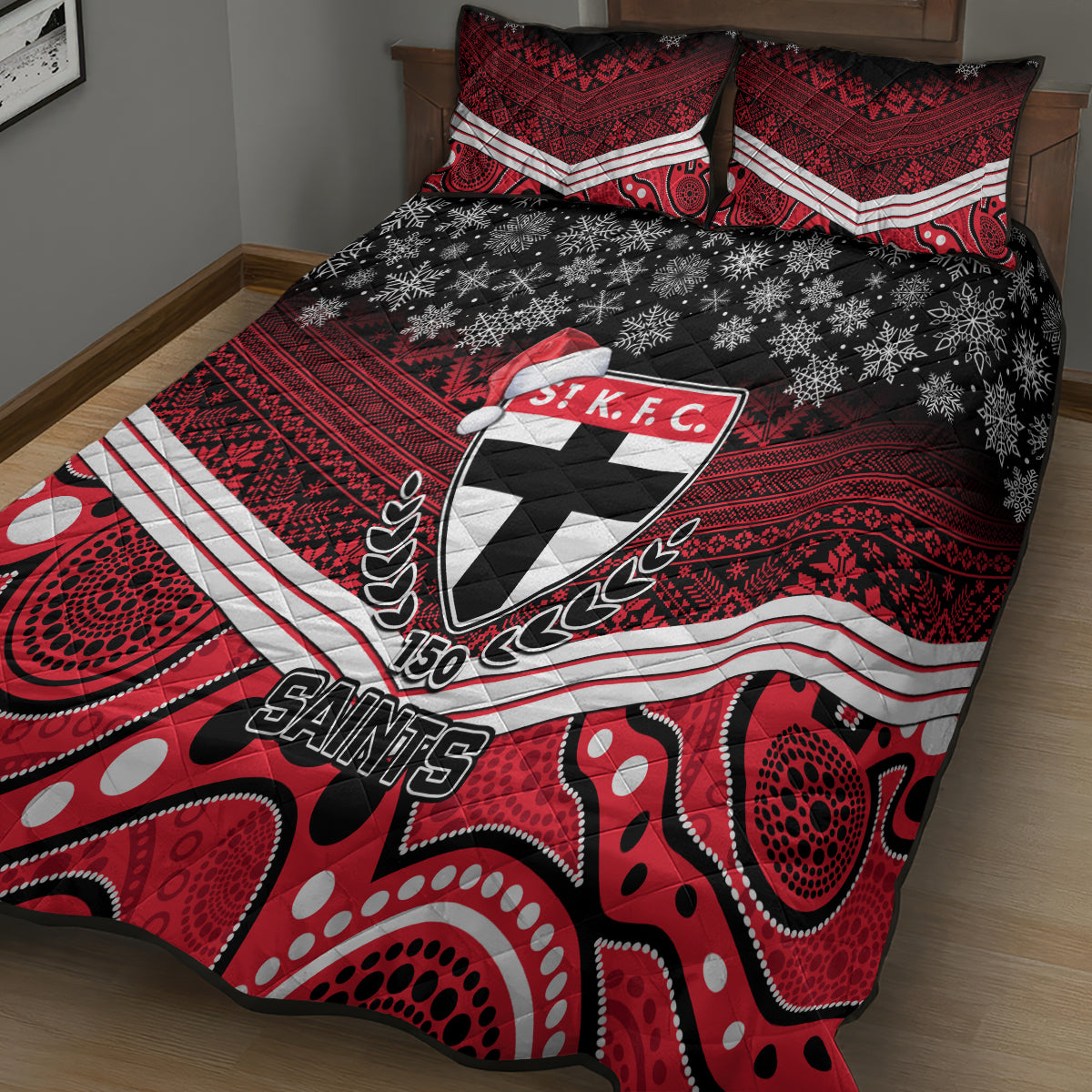 custom-st-kilda-football-christmas-quilt-bed-set-merry-xmas-2023-mix-aboriginal-art