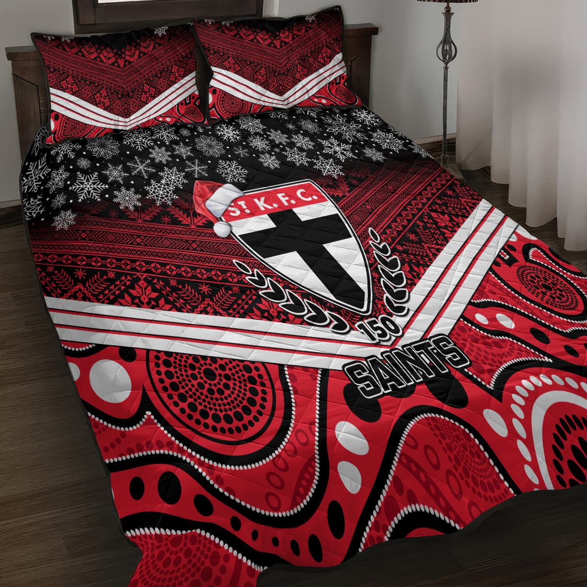 custom-st-kilda-football-christmas-quilt-bed-set-merry-xmas-2023-mix-aboriginal-art