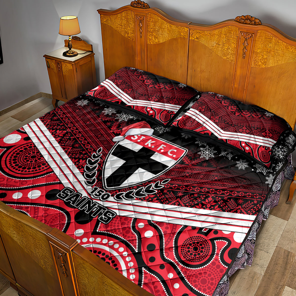 custom-st-kilda-football-christmas-quilt-bed-set-merry-xmas-2023-mix-aboriginal-art