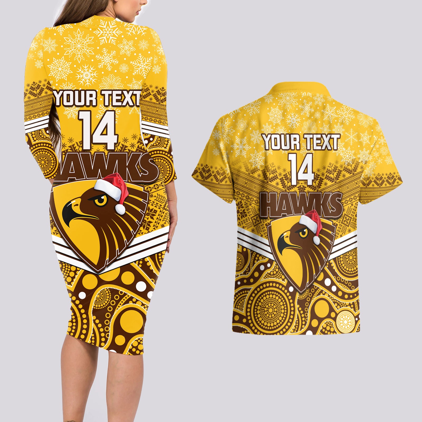 custom-hawthorn-football-christmas-couples-matching-long-sleeve-bodycon-dress-and-hawaiian-shirt-merry-xmas-2023-mix-aboriginal-art