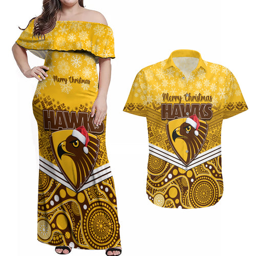 custom-hawthorn-football-christmas-couples-matching-off-shoulder-maxi-dress-and-hawaiian-shirt-merry-xmas-2023-mix-aboriginal-art