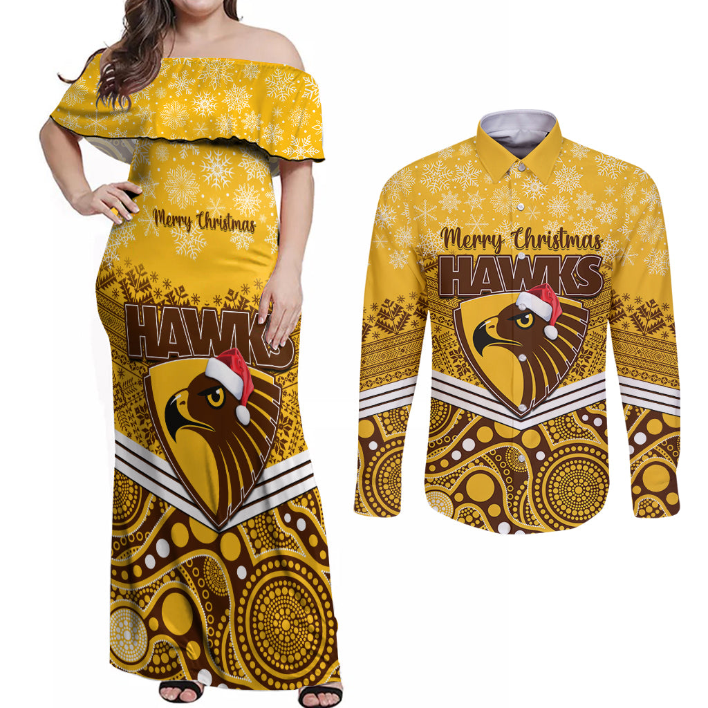 custom-hawthorn-football-christmas-couples-matching-off-shoulder-maxi-dress-and-long-sleeve-button-shirt-merry-xmas-2023-mix-aboriginal-art