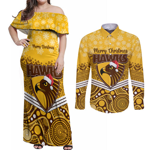 custom-hawthorn-football-christmas-couples-matching-off-shoulder-maxi-dress-and-long-sleeve-button-shirt-merry-xmas-2023-mix-aboriginal-art