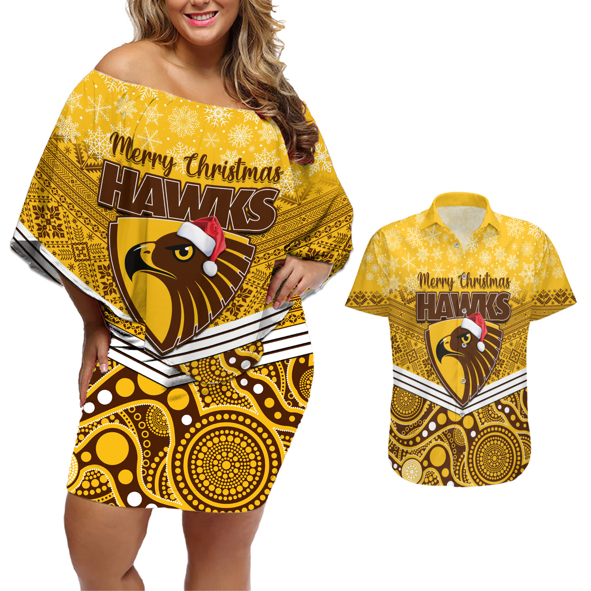 custom-hawthorn-football-christmas-couples-matching-off-shoulder-short-dress-and-hawaiian-shirt-merry-xmas-2023-mix-aboriginal-art