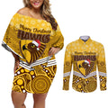 custom-hawthorn-football-christmas-couples-matching-off-shoulder-short-dress-and-long-sleeve-button-shirt-merry-xmas-2023-mix-aboriginal-art