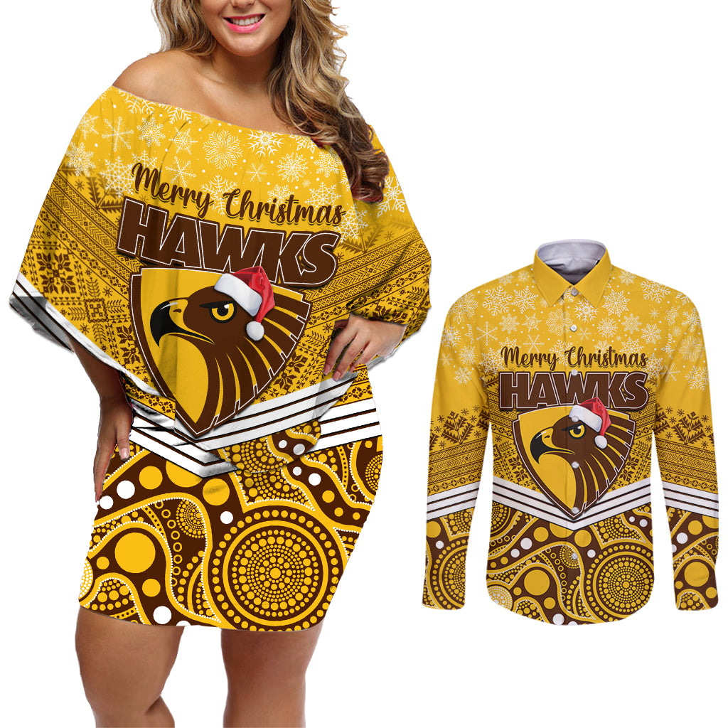 custom-hawthorn-football-christmas-couples-matching-off-shoulder-short-dress-and-long-sleeve-button-shirt-merry-xmas-2023-mix-aboriginal-art