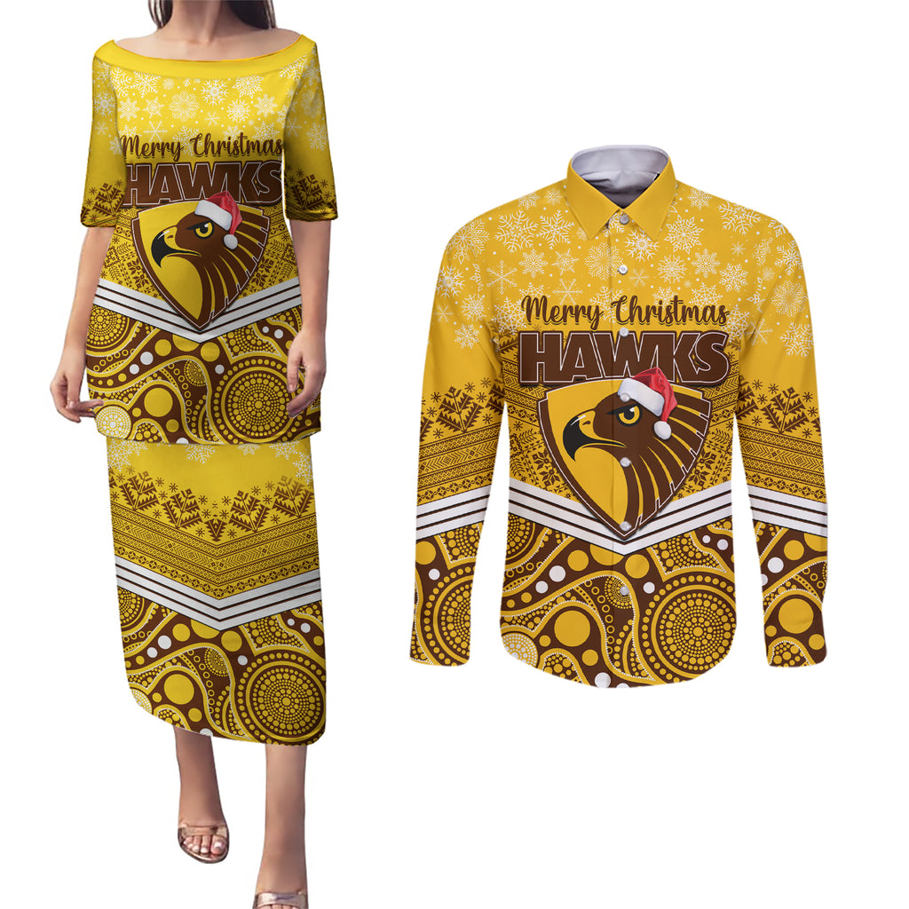 custom-hawthorn-football-christmas-couples-matching-puletasi-dress-and-long-sleeve-button-shirt-merry-xmas-2023-mix-aboriginal-art