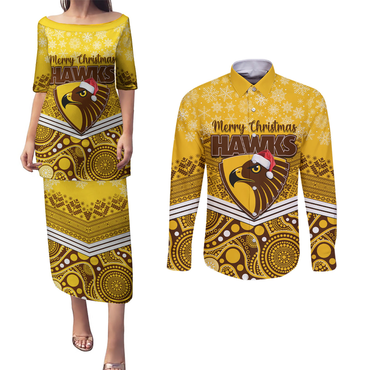 custom-hawthorn-football-christmas-couples-matching-puletasi-dress-and-long-sleeve-button-shirt-merry-xmas-2023-mix-aboriginal-art