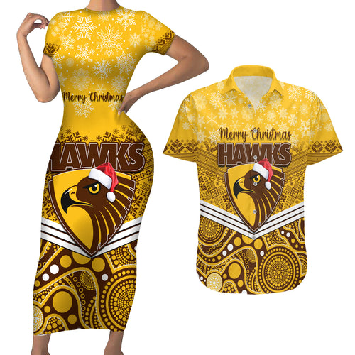 custom-hawthorn-football-christmas-couples-matching-short-sleeve-bodycon-dress-and-hawaiian-shirt-merry-xmas-2023-mix-aboriginal-art