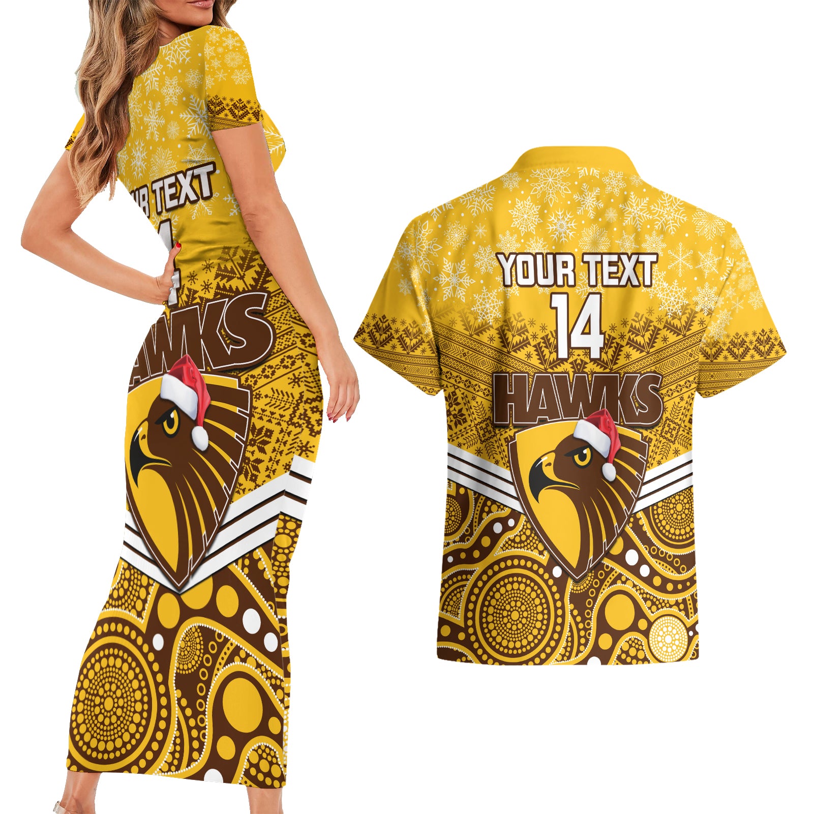 custom-hawthorn-football-christmas-couples-matching-short-sleeve-bodycon-dress-and-hawaiian-shirt-merry-xmas-2023-mix-aboriginal-art