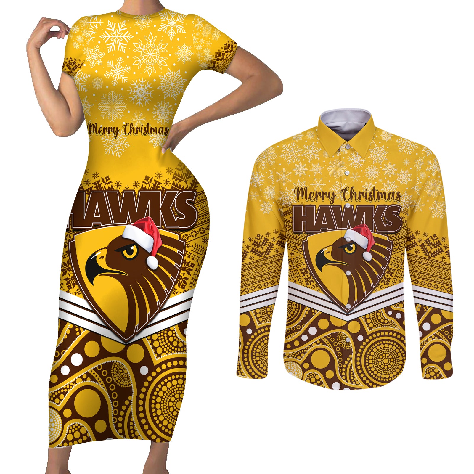 custom-hawthorn-football-christmas-couples-matching-short-sleeve-bodycon-dress-and-long-sleeve-button-shirt-merry-xmas-2023-mix-aboriginal-art