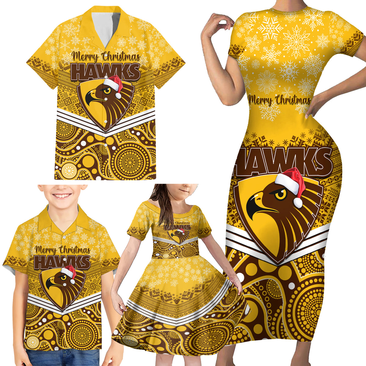 custom-hawthorn-football-christmas-family-matching-short-sleeve-bodycon-dress-and-hawaiian-shirt-merry-xmas-2023-mix-aboriginal-art
