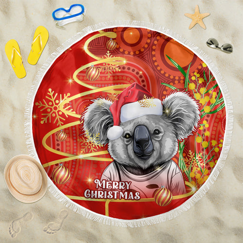 personalised-australia-koala-christmas-beach-blanket-aboriginal-art-with-golden-wattle
