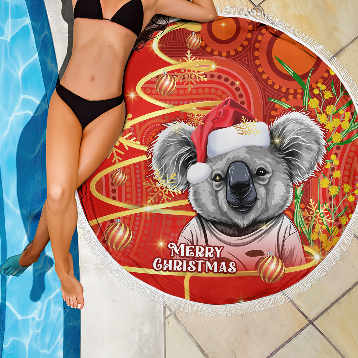 personalised-australia-koala-christmas-beach-blanket-aboriginal-art-with-golden-wattle
