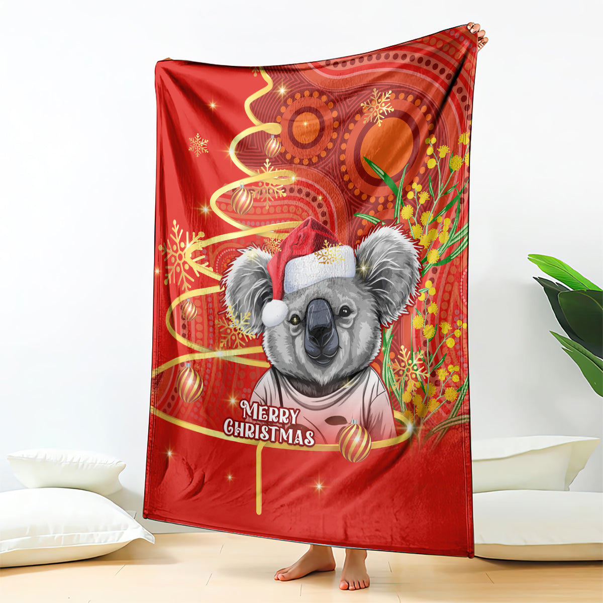 personalised-australia-koala-christmas-blanket-aboriginal-art-with-golden-wattle