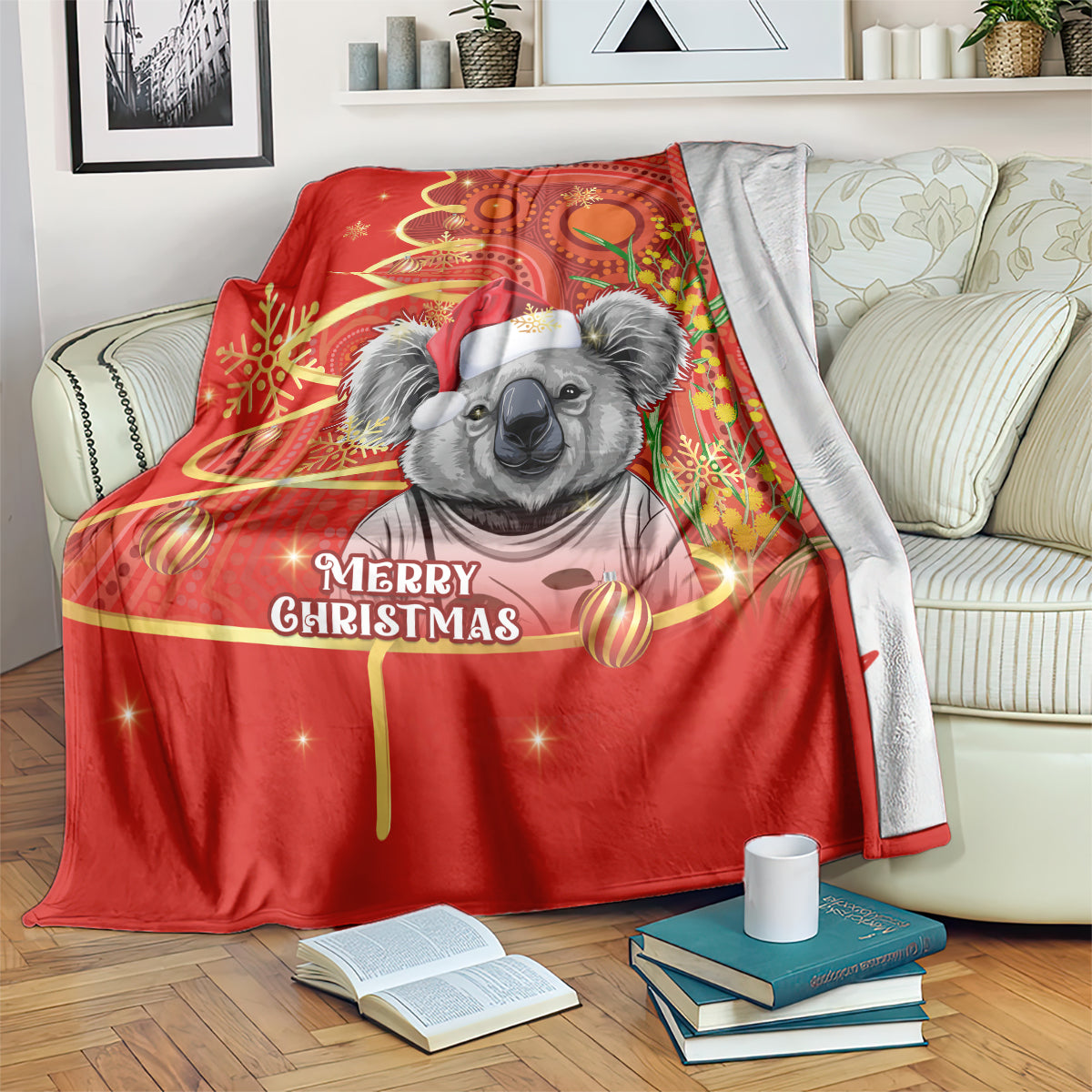 personalised-australia-koala-christmas-blanket-aboriginal-art-with-golden-wattle