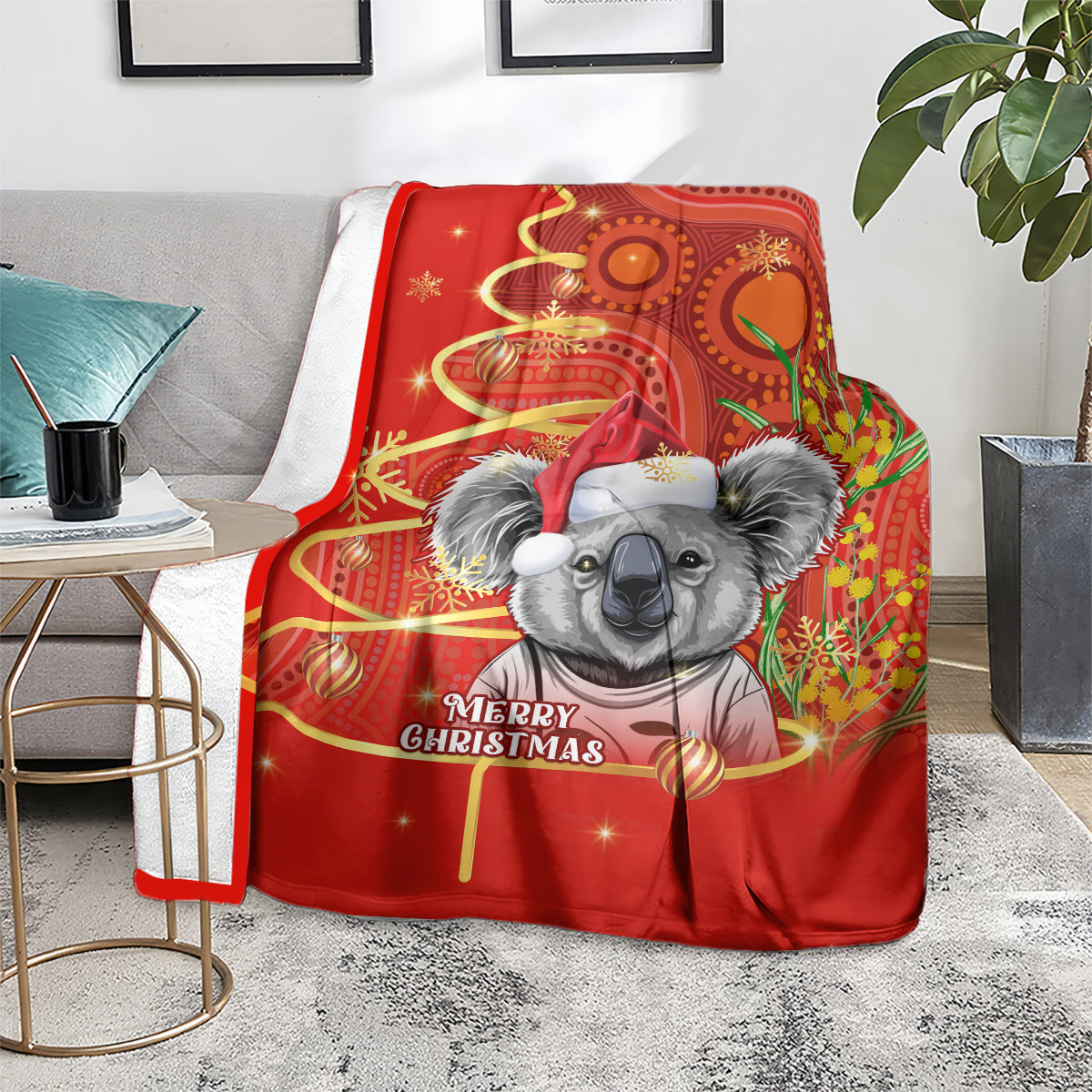 personalised-australia-koala-christmas-blanket-aboriginal-art-with-golden-wattle