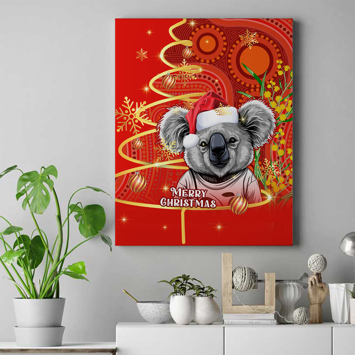 personalised-australia-koala-christmas-canvas-wall-art-aboriginal-art-with-golden-wattle