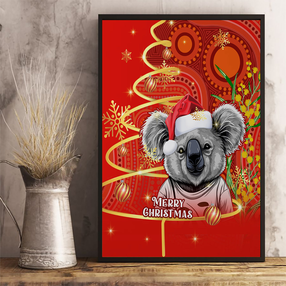 personalised-australia-koala-christmas-canvas-wall-art-aboriginal-art-with-golden-wattle