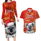 personalised-australia-koala-christmas-couples-matching-long-sleeve-bodycon-dress-and-hawaiian-shirt-aboriginal-art-with-golden-wattle