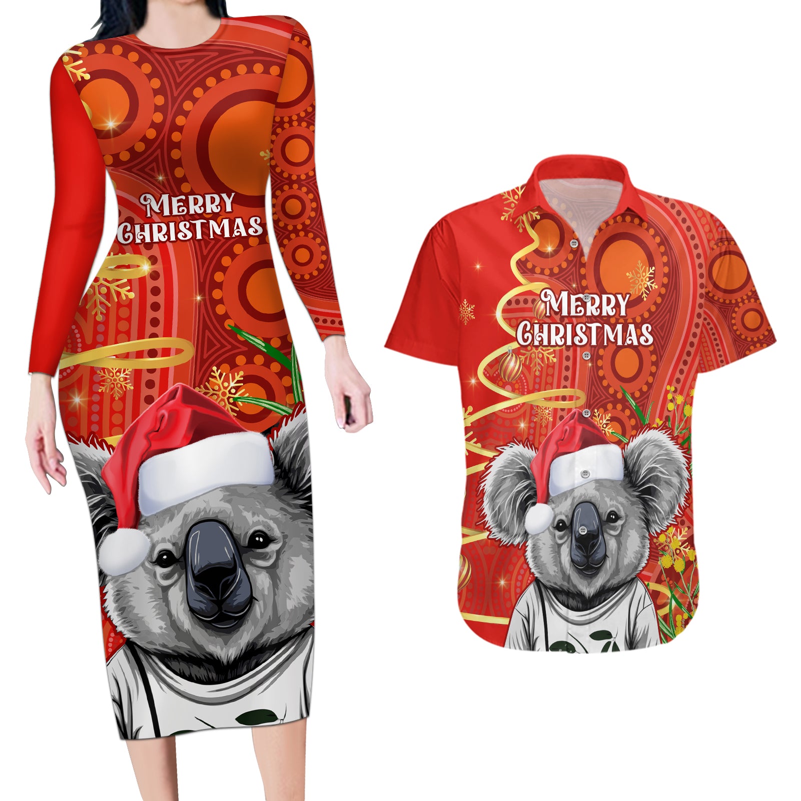 personalised-australia-koala-christmas-couples-matching-long-sleeve-bodycon-dress-and-hawaiian-shirt-aboriginal-art-with-golden-wattle