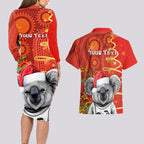 personalised-australia-koala-christmas-couples-matching-long-sleeve-bodycon-dress-and-hawaiian-shirt-aboriginal-art-with-golden-wattle