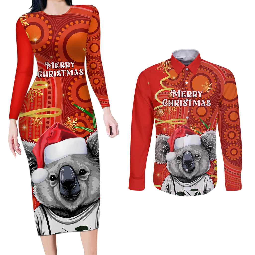 personalised-australia-koala-christmas-couples-matching-long-sleeve-bodycon-dress-and-long-sleeve-button-shirt-aboriginal-art-with-golden-wattle