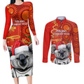 personalised-australia-koala-christmas-couples-matching-long-sleeve-bodycon-dress-and-long-sleeve-button-shirt-aboriginal-art-with-golden-wattle