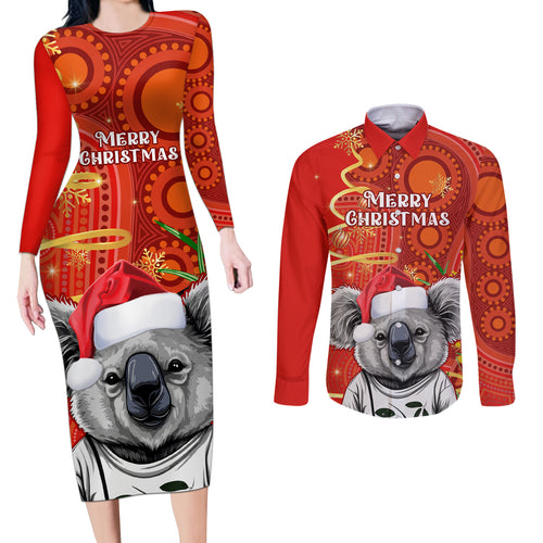 personalised-australia-koala-christmas-couples-matching-long-sleeve-bodycon-dress-and-long-sleeve-button-shirt-aboriginal-art-with-golden-wattle