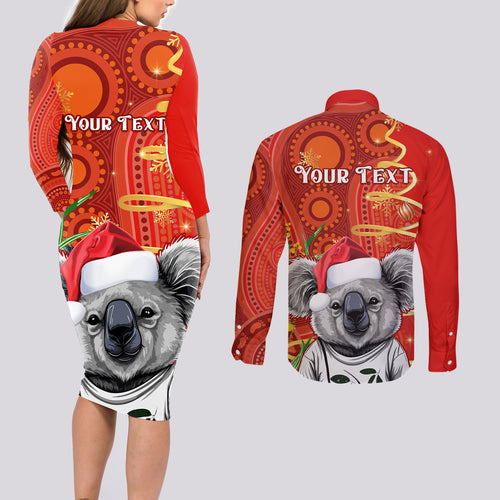 personalised-australia-koala-christmas-couples-matching-long-sleeve-bodycon-dress-and-long-sleeve-button-shirt-aboriginal-art-with-golden-wattle