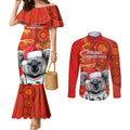 personalised-australia-koala-christmas-couples-matching-mermaid-dress-and-long-sleeve-button-shirt-aboriginal-art-with-golden-wattle