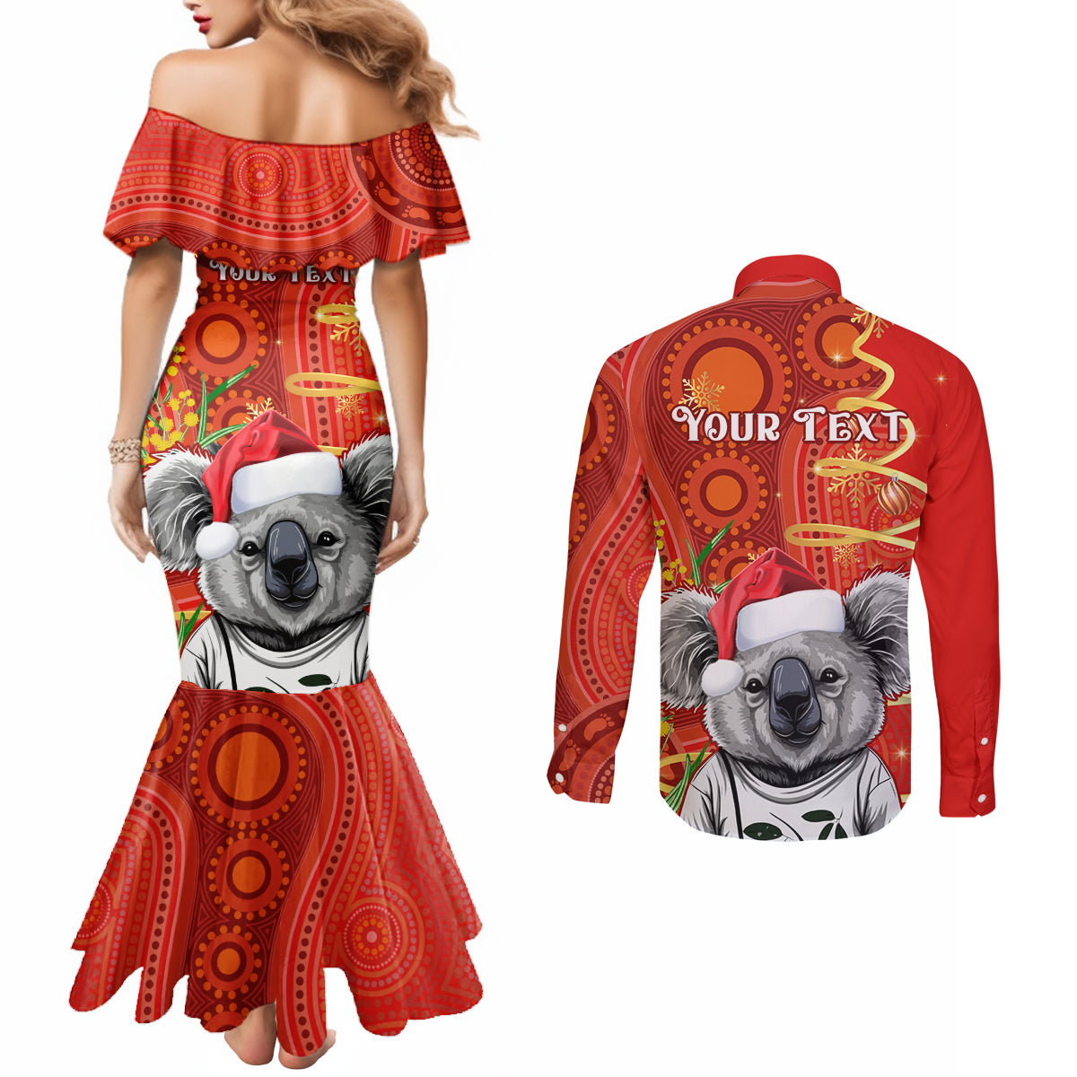 personalised-australia-koala-christmas-couples-matching-mermaid-dress-and-long-sleeve-button-shirt-aboriginal-art-with-golden-wattle
