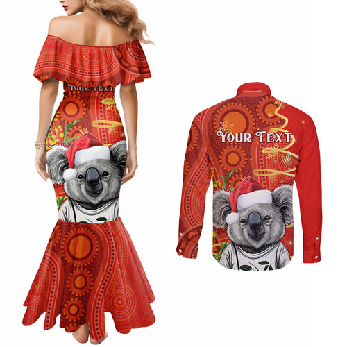 personalised-australia-koala-christmas-couples-matching-mermaid-dress-and-long-sleeve-button-shirt-aboriginal-art-with-golden-wattle