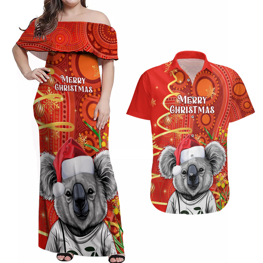 personalised-australia-koala-christmas-couples-matching-off-shoulder-maxi-dress-and-hawaiian-shirt-aboriginal-art-with-golden-wattle