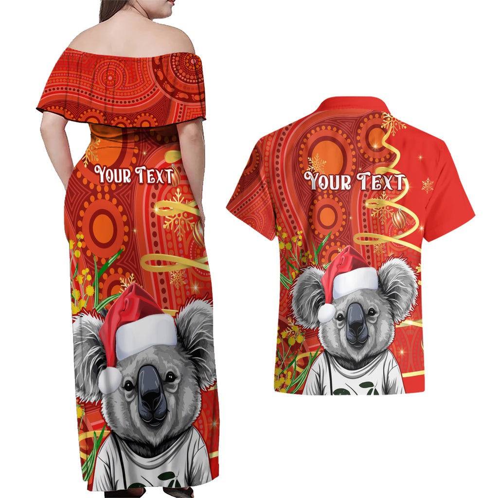 personalised-australia-koala-christmas-couples-matching-off-shoulder-maxi-dress-and-hawaiian-shirt-aboriginal-art-with-golden-wattle