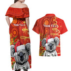 personalised-australia-koala-christmas-couples-matching-off-shoulder-maxi-dress-and-hawaiian-shirt-aboriginal-art-with-golden-wattle