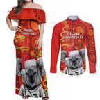 personalised-australia-koala-christmas-couples-matching-off-shoulder-maxi-dress-and-long-sleeve-button-shirt-aboriginal-art-with-golden-wattle