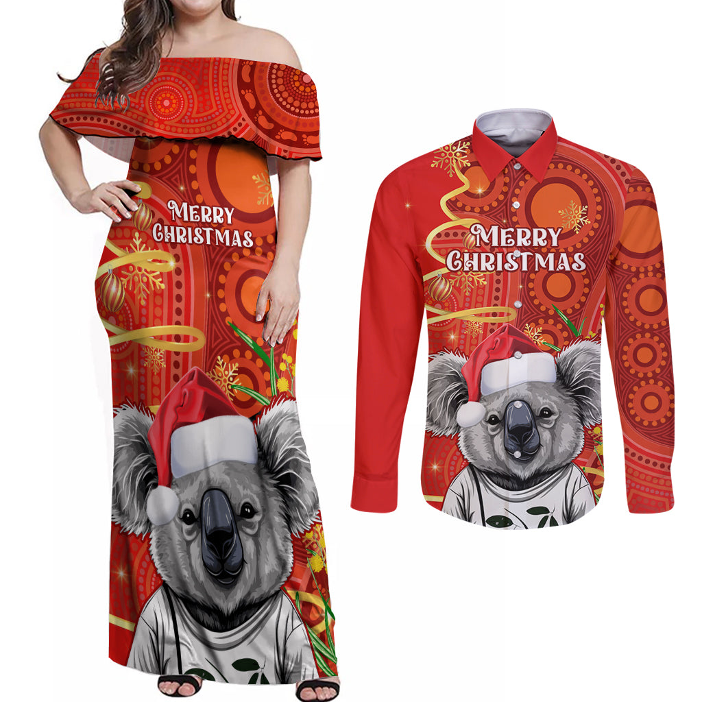 personalised-australia-koala-christmas-couples-matching-off-shoulder-maxi-dress-and-long-sleeve-button-shirt-aboriginal-art-with-golden-wattle